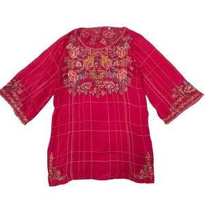 Johnny Was Pink Embroidered Tunic | Kimono Sleeve Boho Top, S, Cupra Rayon $410